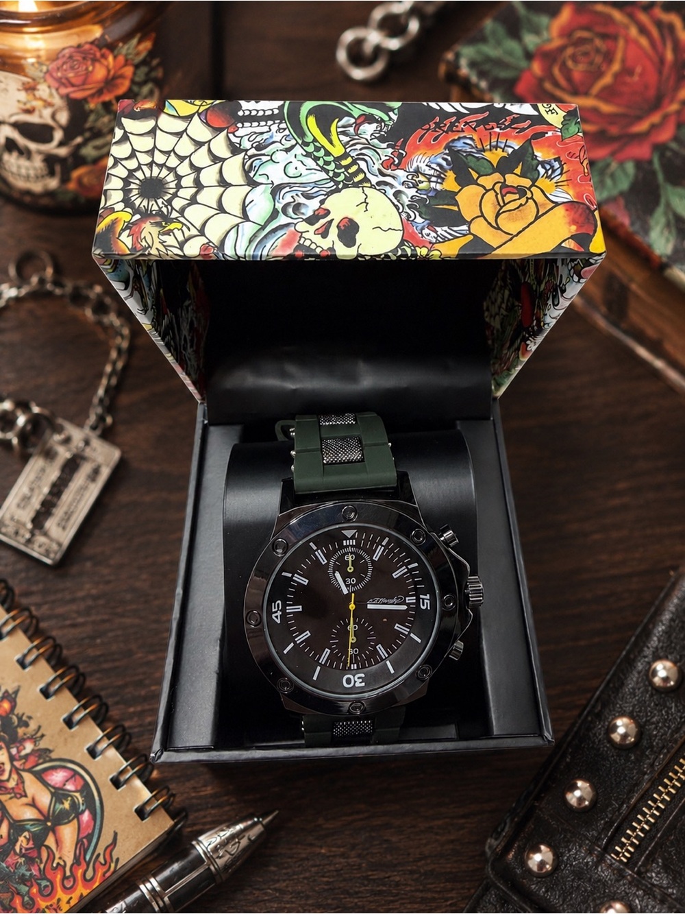 NIB Ed Hardy Men’s Watch Green Strap Gunmetal Y2K Tattoo Box